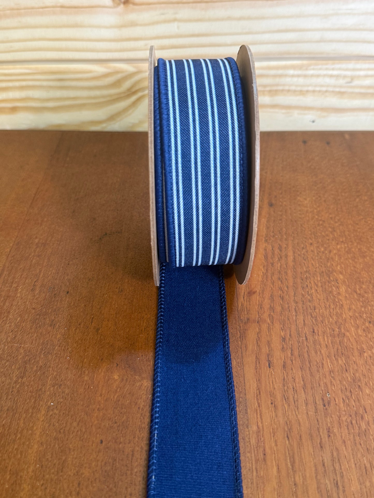Navy Striped Wired Ribbon
