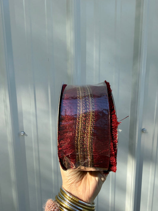 Burgundy Fringe Antique JME Wired Ribbon 2.5”